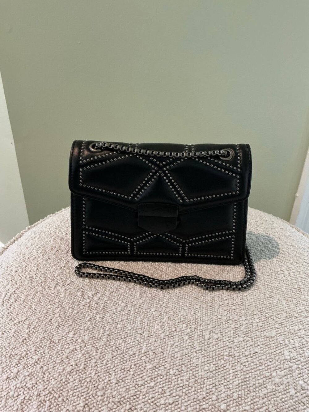 Black Studded Quilted Crossbody Bag Chain Strap